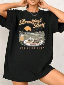 Women's T-Shirt With Breakfast And Pancake Graphic Print, 100% Cotton, Crew Neck, Casual Style, 1 Piece. Excellent Gifts For Friends And Family - Unisex Vintage Urban Style T-Shirt, Loose Fit, Cotton, Short Sleeve And Crew Neck. - 黑色 - 查看 6