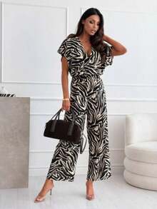 Mono escote en V estampado leopardo y cebra pantalones cintura marcada - 108072 Cebra - Ver 3