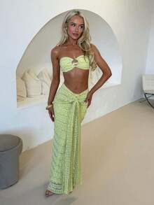Conjunto de dos piezas de baño con encaje jacquard ideal para playa y vacaciones - verde hierba - Ver 5