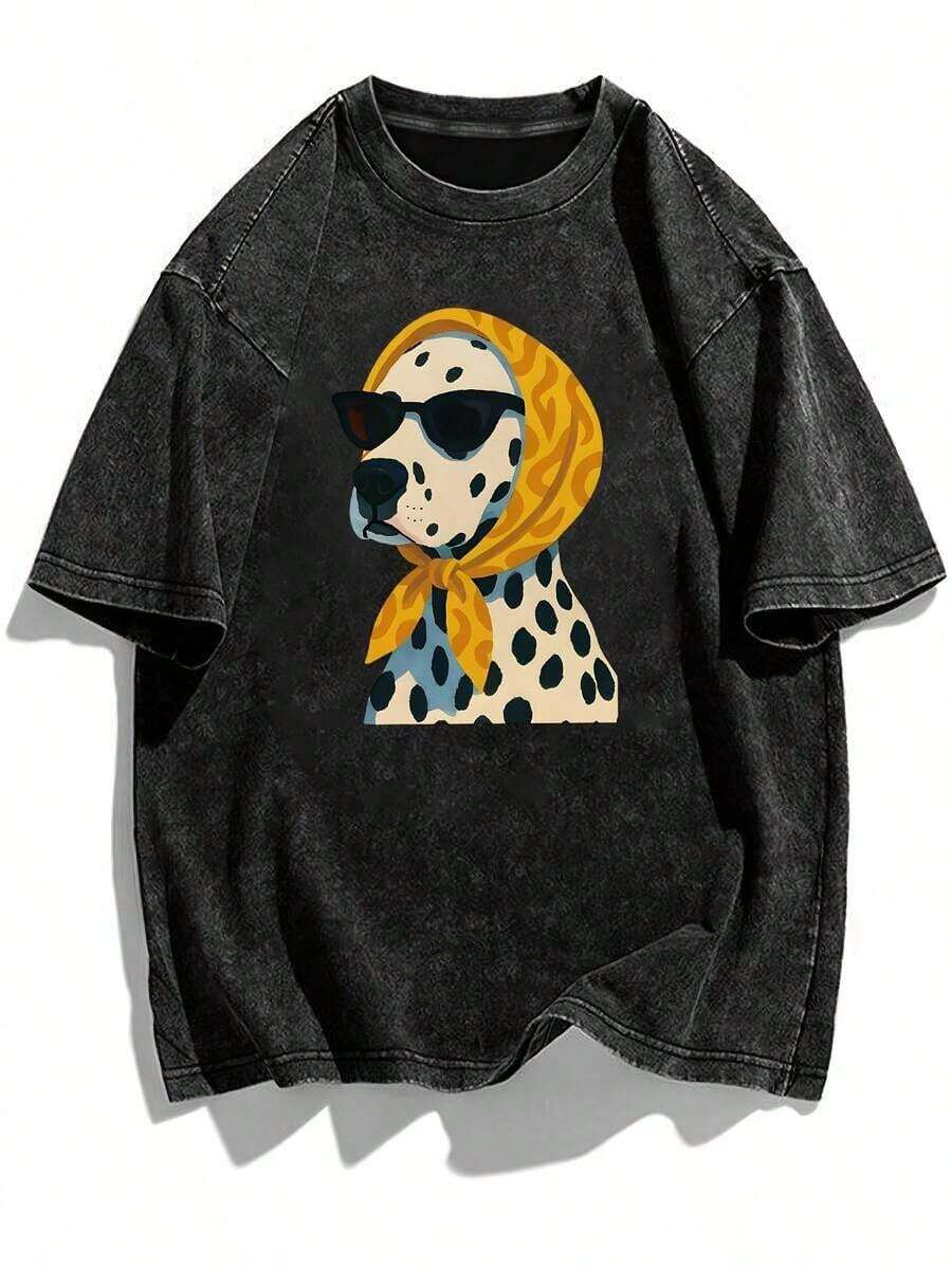 Talla Grande - Talla Grande - Camiseta de Mujer con Estampado de Perro Dálmata Lavado Vintage - Camiseta Casual de Manga Corta Talla Grande ZLFF - Negro - Ver 1