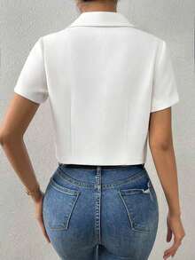 Chaquetilla Corta De Blazer De Manga Corta De Solido Color Con Cuello De Solapa - Blanco - Ver 2