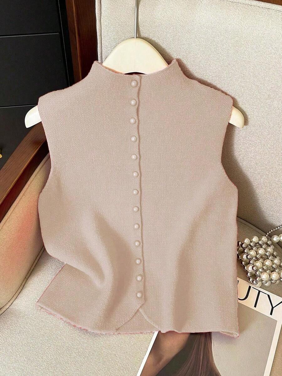 Suéter de mujer de punto con cuello alto, sin mangas, diseño de botones, suelto y casual, color rojo, para primavera/otoño - Albaricoque - Ver 1