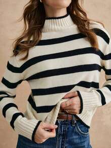 Suéteres de cuello alto a rayas en blanco y negro, suéter blanco, suéteres de mujer, suéter a rayas, atuendos de invierno para mujer, suéter de punto a rayas de manga larga con cuello levantado simple de mujer, casual diario, estilo chic sin esfu - Blanco y Negro - Ver 6
