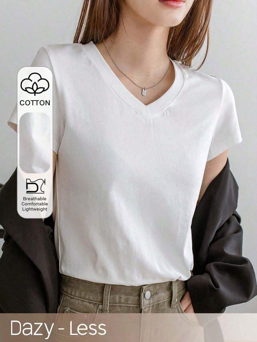 -Less Camiseta casual de manga corta con cuello en V de unicolor, estilo "Old Money", ropa de trabajo de verano para mujer de negocios casuales - Blanco - Ver 1