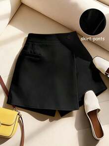 Shorts decorativos de unicolor elegante francés, amarillo claro, adecuados para el trabajo, el transporte, las fiestas, la ropa casual, las ocasiones de verano, shorts de verano para mujer - Negro - Ver 6