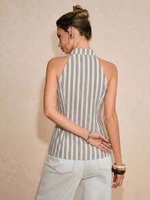 Blusa de verano con estampado de rayas, lazo decorativo y ajuste ceñido para uso casual, de viaje y diario - Blanco - Ver 2