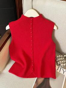 Suéter de mujer de punto con cuello alto, diseño de botones, sin mangas, suelto y casual, color rojo, para primavera/otoño - Rojo - Ver 6