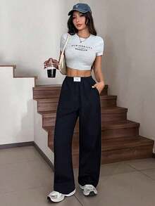 Pantalones rectos y sueltos de pierna ancha de color negro con estampado tipo zhanga para vacaciones de primavera y verano - Azul marino - Ver 5