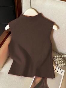 Suéter de mujer de punto con cuello alto, sin mangas, diseño de botones, suelto y casual, color rojo, para primavera/otoño - Café integral - Ver 2