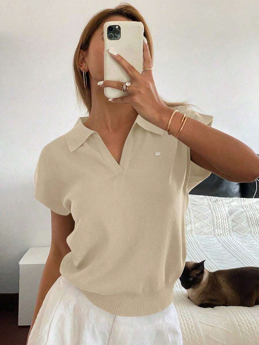 Top de punto de unicolor con cuello de polo entallado para mujer, casual para ir al trabajo, primavera/verano - Amarillo - Ver 1