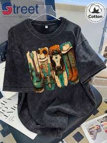Women's Western Graphic Tee With Guitar, Cowboy Boots, And Sunflower Print, Vintage Washed And Distressed T-Shirt, Plus Size, Short Sleeve, Drop Shoulder, Crew Neck, Oversized Style, Comfortable, Modern, And Versatile For Everyday Wear. 100% Cotton Retro Washed Casual T-Shirt, Vintage Y2K Washed T-Shirt, Unisex Washed Cotton T-Shirt For Mother's Day Gift - 黑色 - 查看 7