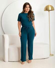 Women's Wide Leg Fleece Set, 2 Pieces, Autumn/Winter Fashion, Sizes P To GG (Sizes P To GG) - 水鴨藍 - 查看 1