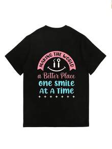 Camiseta de manga corta de 180 g para mujer, con estampado dental Una sonrisa hace que el mundo sea mejor, top casual holgado y lindo, para uso diario en la playa en verano, regalo de cumpleaños para ella, mamá, novia, colega, miembro del equipo - Camiseta unisex de algodón holgada de manga corta y cuello redondo estilo vintage urbano. - Negro - Ver 2