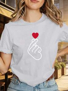 1 pieza de la camiseta de manga corta con cuello redondo de estilo de diseñador "Saranghae K-Pop I Love You" con diseño de corazón al estilo coreano, cómoda y casual, adecuada para uso diario y para combinaciones de moda, 180g 100% algodón. - Blanco - Ver 12