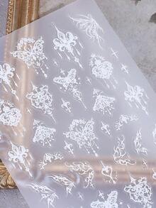 5D白色波西米亚风美甲贴纸2片装，巴洛克风格蝴蝶爱心蕾丝线条项链钥匙蜘蛛设计，DIY Y2K奢华复古优雅宫廷风自粘凝胶指甲油美甲贴片沙龙美甲装饰 - 白色 - 查看 6