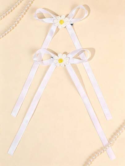 2pcs White Fabric Daisy Bow Hair Clips, Elegant Floral Hair Accessories, Suitable For Girls, Teens, Summer Weddings, Party Favors
