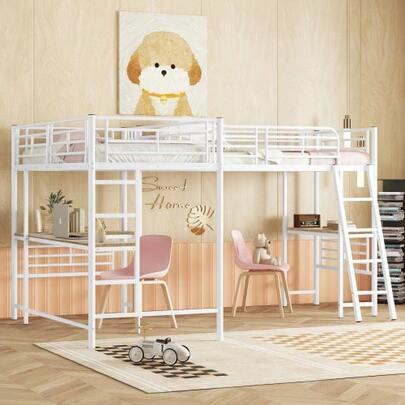 90*200cm Hochbett, Zwei Etagenbetten, Tisch Unter Dem Bett, Doppeltreppe, Hohes Geländer, Weiss