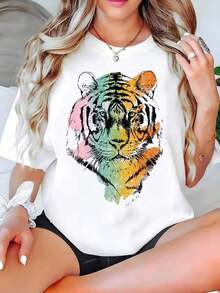 Camiseta estampada para mujer con diseño de arcoíris y tigre, manga corta, cuello redondo, top casual para primavera y verano, regalo para ella. Ropa de talla grande para mujer, blusas estampadas para mujer. - Blanco - Ver 6