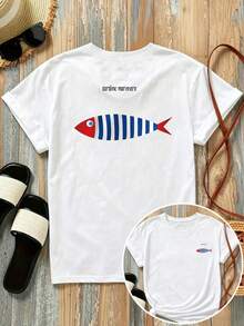 Camiseta estampada de manga corta con diseños en la parte delantera y trasera - sardina marinera, pez rayado - camiseta estampada de moda para mujer, primavera/verano, manga corta, para todas las estaciones, ropa de moda, 100% algodón. - Blanco - Ver 7