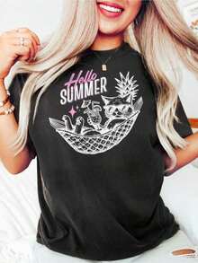 Camiseta Hello Summer, Camiseta Linda, Verano Divertido, Camiseta Sarcástica Divertida, Camiseta con Estilo de Playa, Amante de los Animales, Camiseta de Playa, Camiseta de Playa - Estilo Urbano Vintage Unisex, Camiseta de Algodón Holgada de Manga Corta con Cuello Redondo, blusas para mujer. blusas.blusas casuales para dama. - Negro - Ver 1