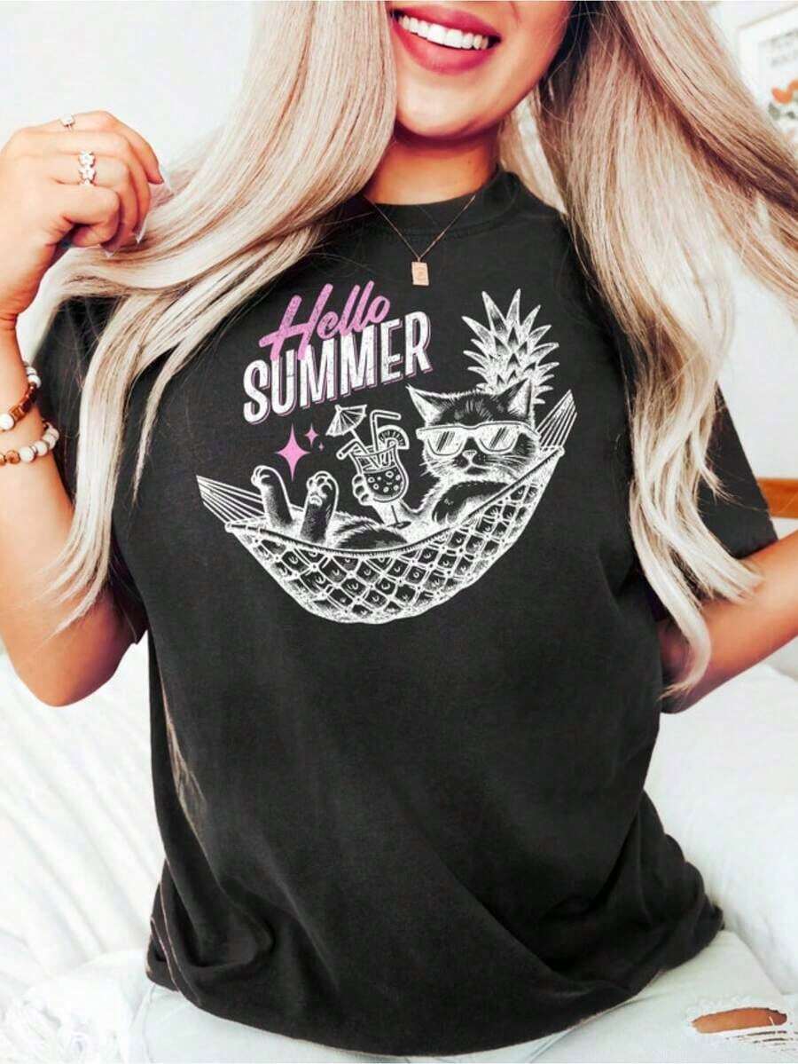 Camiseta Hello Summer, Camiseta Linda, Verano Divertido, Camiseta Sarcástica Divertida, Camiseta con Estilo de Playa, Amante de los Animales, Camiseta de Playa, Camiseta de Playa - Estilo Urbano Vintage Unisex, Camiseta de Algodón Holgada de Manga Corta con Cuello Redondo, blusas para mujer. blusas.blusas casuales para dama. - Negro - Ver 1