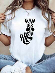 Camiseta CasualWos con estampado de cebra, blusa minimalista de manga corta con cuello redondo, adecuada para conjuntos casuales de primavera y verano, estilo informal, lavable a máquina, para mujeres. - Blanco - Ver 7