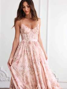 Vestido largo tirantes cuello V profundo estampado cintura marcada elegante ideal para vacaciones de playa estilo moda femenina - Rosa - Ver 4