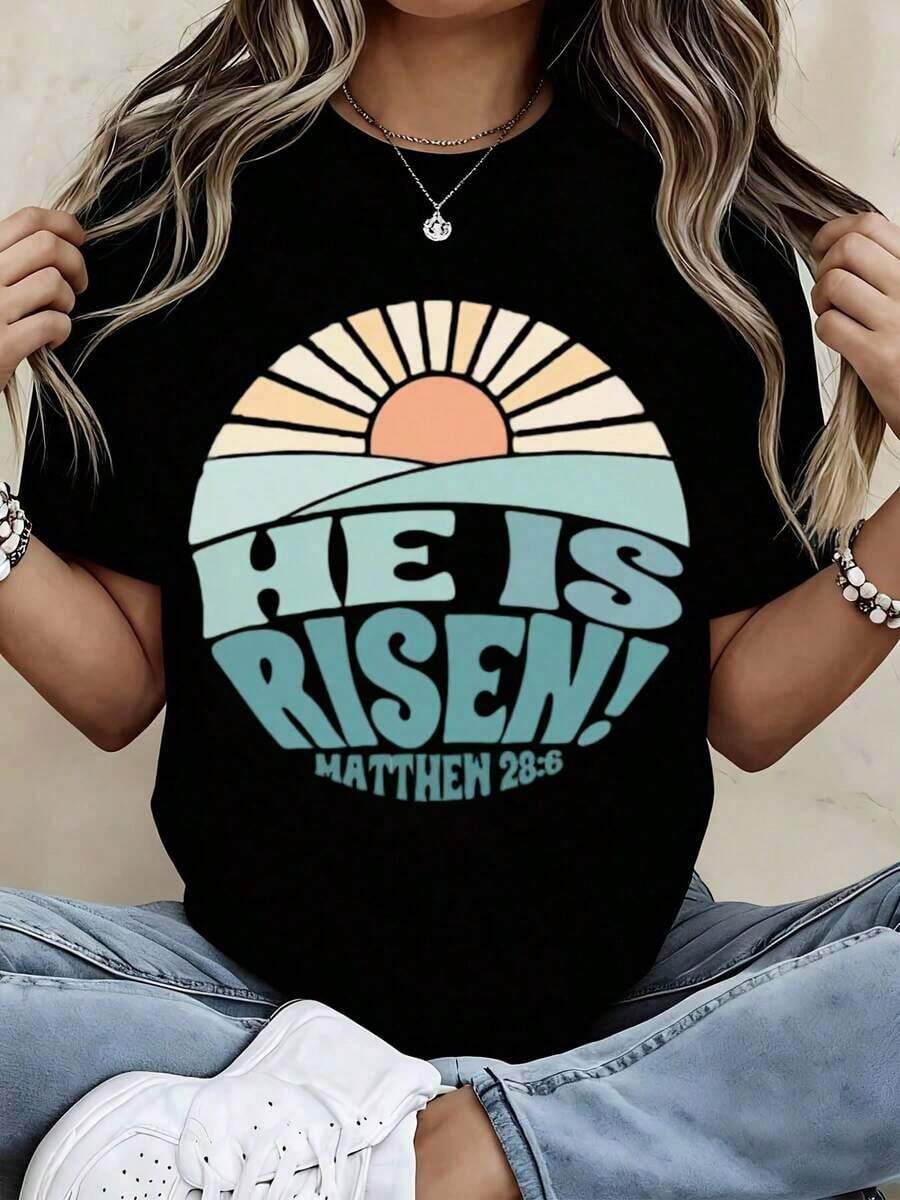 Camiseta de Corte Holgado "Él Ha Resucitado" Mateo 28:6 Diseño Rayos de Sol, Declaración de Fe Cristiana de Pascua, Ropa Casual para Mujer - Estilo Urbano Vintage, Unisex, Camiseta de Manga Corta de Algodón Suelto con Cuello Redondo, 100% Algodón - Negro - Ver 1