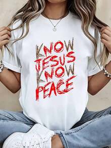 T-Shirt With "Know Jesus, Know Peace" Print, Casual Sporty Style For Everyday Wear - Vintage Urban Style, Unisex, Cotton, Short Sleeve, Crew Neck, 100% Cotton - 白色 - 查看 3