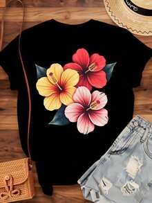 Camiseta de Mujer con Estampado de Flor de Hibisco, Ropa Casual de Verano, Diseño Floral Tropical para Vacaciones en la Playa y Regalo, 220g - Estilo Vintage Urbano, Camiseta Unisex de Algodón, Manga Corta, Cuello Redondo, 100% Algodón - Negro - Ver 4