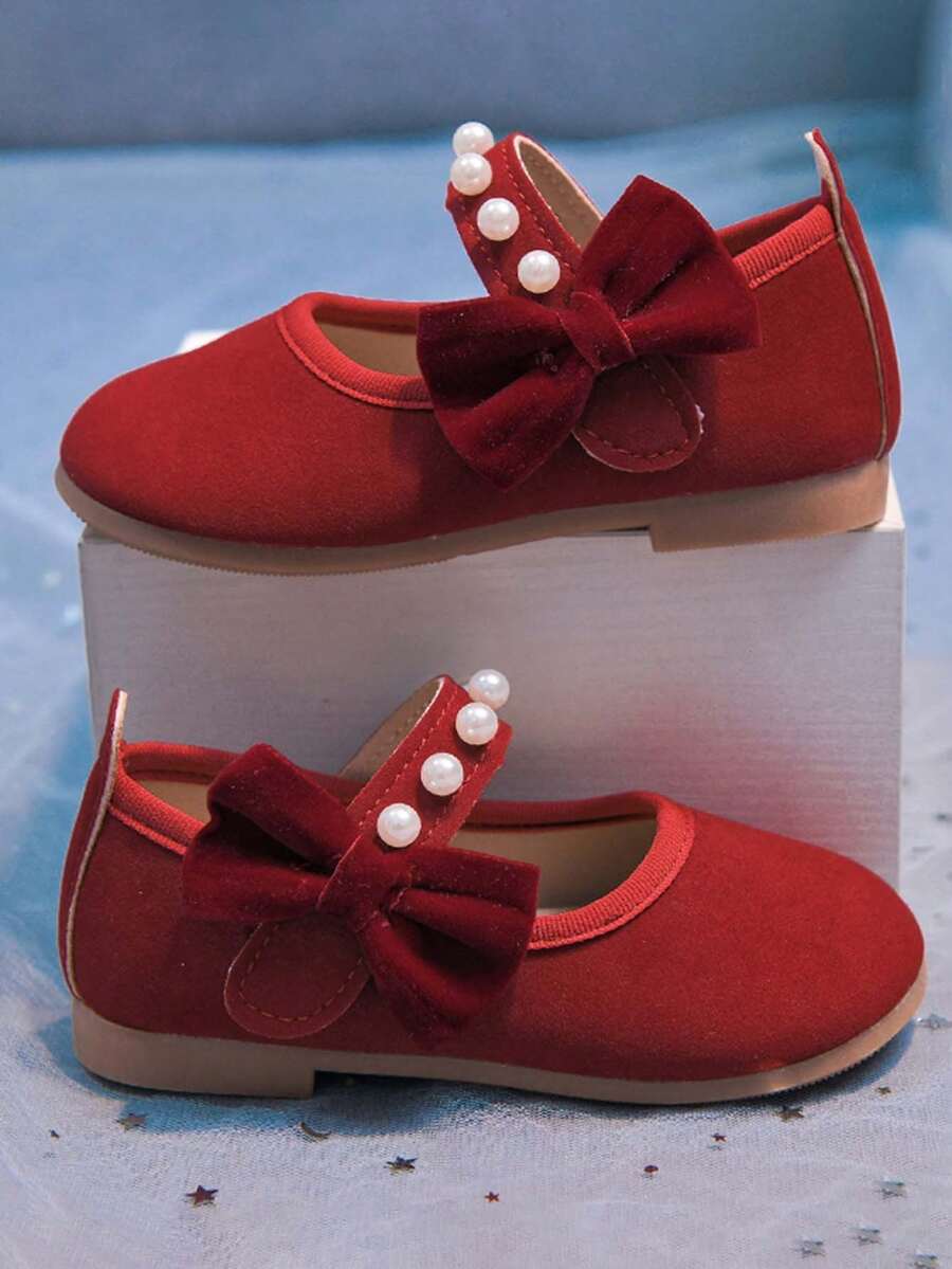 1 Pair New Red Girls' Flat Shoes, Soft Upper, Pearl Decoration, Durable Sole, (Runs Small By One Size) - Red - View 1