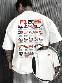 Camiseta de Hombre con el Calendario de la Temporada F1 2026, Camiseta de Primavera, Estampado Completo de Pista y Bandera del Gran Premio, Camiseta Casual de Manga Corta con Cuello Redondo, Top Transpirable y Cómodo Adecuado para Fanáticos de las Carreras de F1, Ropa Urbana Moderna Adecuada para Días de Carreras y Uso Diario, Regalo Perfecto para Entusiastas y Coleccionistas de F1. - Negro - Ver 1