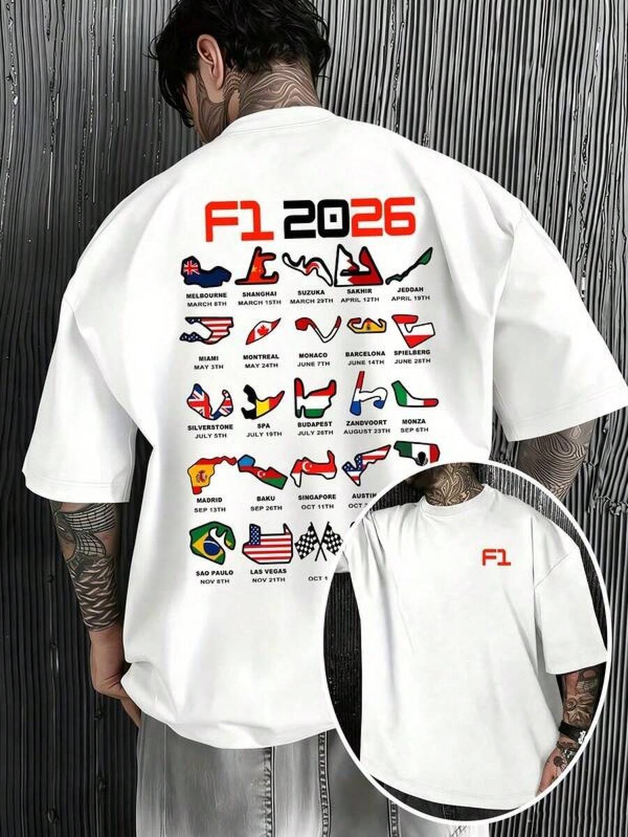 Camiseta de Hombre con el Calendario de la Temporada F1 2026, Camiseta de Primavera, Estampado Completo de Pista y Bandera del Gran Premio, Camiseta Casual de Manga Corta con Cuello Redondo, Top Transpirable y Cómodo Adecuado para Fanáticos de las Carreras de F1, Ropa Urbana Moderna Adecuada para Días de Carreras y Uso Diario, Regalo Perfecto para Entusiastas y Coleccionistas de F1. - Negro - Ver 1
