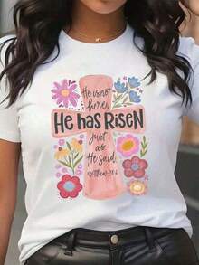 Camiseta de talla grande para mujer con estampado de Pascua, cuello redondo, diseño de cruz y flores, con el verso bíblico "Él ha resucitado" (Mateo 28:6). Ropa casual de primavera para cristianas de Pascua. Camisetas para mujer, camisetas de Pascua para mujer, hechas de tela de algodón puro de baja elasticidad, cómodas de llevar, adecuadas para primavera, verano, otoño e invierno, y la mejor opción para regalos (tallas S-4XL). - Negro - Ver 6