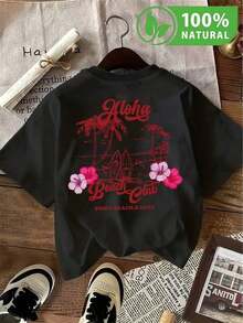 Playera estilo Aloha Beach Club con estampado tropical de tablas de surf y flores para un look relajado y moderno ideal para disfrutar del verano mexicano prendas de moda urbana hechas con material cómodo refleja tu pasión por el surf y aventura casual únete al espíritu playero y fíjate - Negro - Ver 8