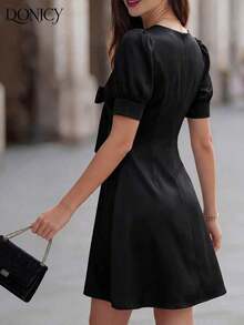 DONICY Women's Mini Dress With V-Neck, Petal Sleeves And A-Line Skirt With Bow Decoration, In Black And White Polka Dot Print, Summer Dress - 酒紅色 - 查看 2