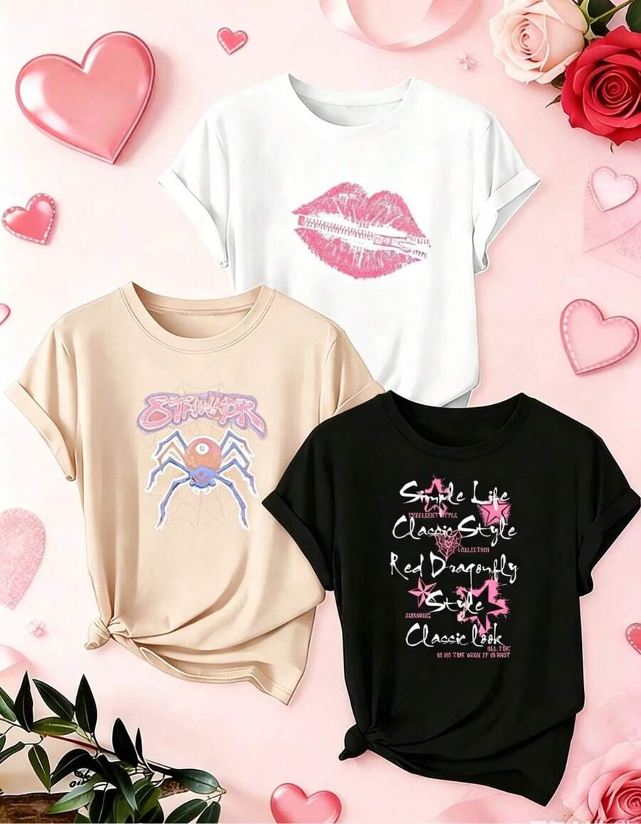 3 Modelo camisetas de manga suitable for streetwear, Top oversized cuello redondo daily outings, camping, concerts, hip-hop, rock, and rap events Estilo Urbano con Estampado Personalizado - Camiseta de mujer de una pieza con estampado de araña y labios - Camiseta casual de manga corta y cuello redondo, top de verano sencillo y artístico. - Blanco - Ver 1