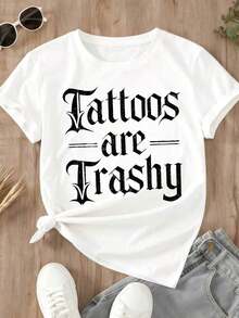Camiseta de Mujer con Estampado Gráfico 'Tattoo Are Trashy', Estilo Casual Urbano para Uso Diario - Blanco - Ver 2