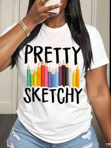 Camiseta Casual para Mujer con Estampado Gráfico de Lápices de Colores para Amantes del Arte y Atuendos Creativos - Blanco - Ver 6