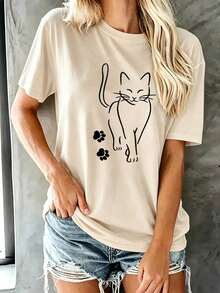 1 Piece Casual Fashion Set For Men And Women. Women's Short-Sleeved Knit T-Shirt, Round Neck, Regular Length, With Butterfly Print. Versatile, Easy To Match, Suitable For Everyday Wear, Streetwear, Vacation Wear, Weekend Wear. - 杏 - 查看 2