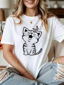 1 Piece Casual Fashion Set For Men And Women. Women's Short-Sleeved Knit T-Shirt, Round Neck, Regular Length, With Butterfly Print. Versatile, Easy To Match, Suitable For Everyday Wear, Streetwear, Vacation Wear, Weekend Wear. - 白色-1 - 查看 7