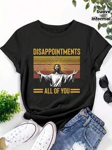Camiseta gráfica de manga corta Desilusiones de las mujeres = Todos ustedes - Camiseta negra casual con estampado de Jesús, parte superior de cuello redondo suave para primavera y verano, parte superior de primavera y verano |   Camiseta de cuello redondo |   Tela suave - Negro - Ver 5