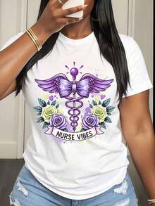 Women's Nurse T-Shirt With Caduceus And Roses Design, "Nurse Vibes" Print, Casual Summer Clothing For Women - 白色 - 查看 6
