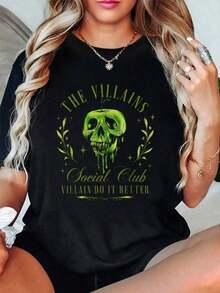 playeras de mujer algodon Camiseta de algodón 100% The Villains Social Club, linda y retro, para la temporada de Halloween, con estampado gráfico, negra, de cuello redondo, para mujer, regalo para ella. >ropa - Negro - Ver 1