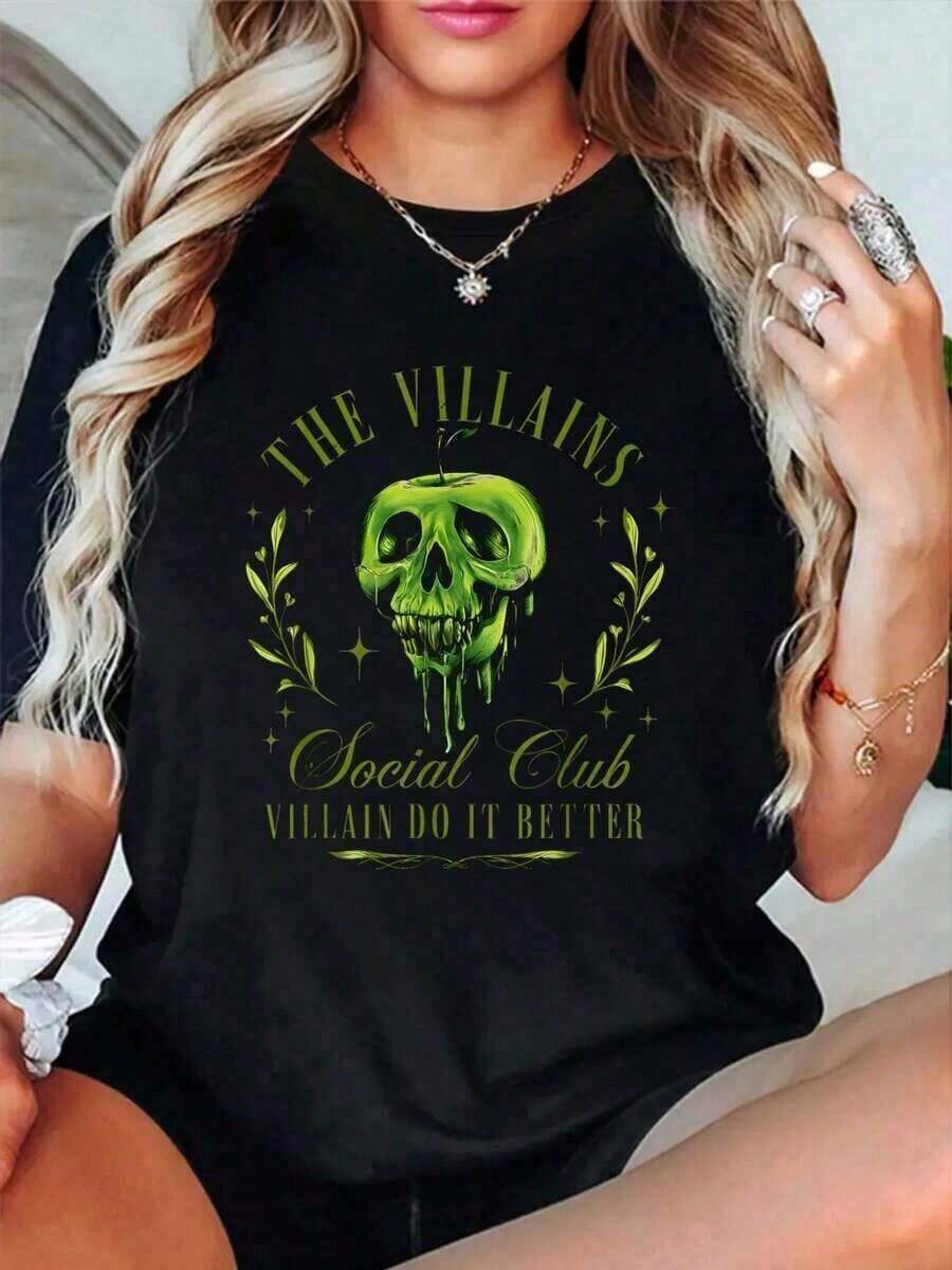 playeras de mujer algodon Camiseta de algodón 100% The Villains Social Club, linda y retro, para la temporada de Halloween, con estampado gráfico, negra, de cuello redondo, para mujer, regalo para ella. >ropa - Negro - Ver 1