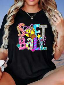 Playeras de mujer de algodón con diseño gráfico temático de softbol para mujer, con diseño colorido y motivo deportivo. Camiseta de mujer, >ropa - Negro - Ver 4
