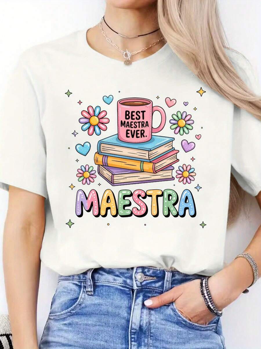 Camiseta deportiva de manga corta y cuello redondo para mujer con estampado de letras, para uso casual en primavera y veranoDaily Casual Round Neck Short Sleeve-Shirt Women - Blanco - Ver 1
