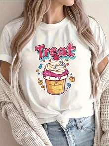 Playeras de mujer de algodón con estampado de cupcakes y postres, suaves y transpirables, de manga corta, con vibrantes diseños de dulces, cupcakes y macarons, lavables a máquina, cuello redondo, blusa casual de verano para atuendos informales. - Blanco - Ver 7