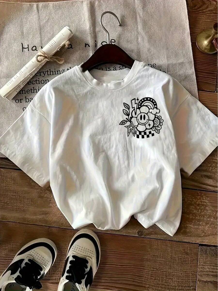 Camiseta de manga corta para chicas de verano, camiseta de moda de verano con divertido diseño de dibujos en la espalda y diseño único de tablero de ajedrez, ropa de mujer, camisetas sencillas para damas, tops de verano, ropa cómoda para mujer. - Blanco - Ver 1
