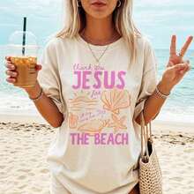 1 pieza de camiseta casual de verano de manga corta con cuello redondo, diseño con motivos de playa, camiseta blanca casual para mujer, "Agradeciendo a Jesús por el regalo". 180g Algodón 100%. - Blanco - Ver 6